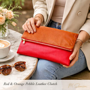 Neiman Marcus Red & Orange Pebble Leather Colorblock Foldover Clutch